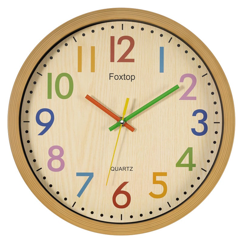 Foxtop Silent Kids Wall Clock 12 Inch Non-Ticking Battery Operated Colorful Childrens Clock for Classroom Playroom Nursery Bedrooms Kids Room School - Image 1